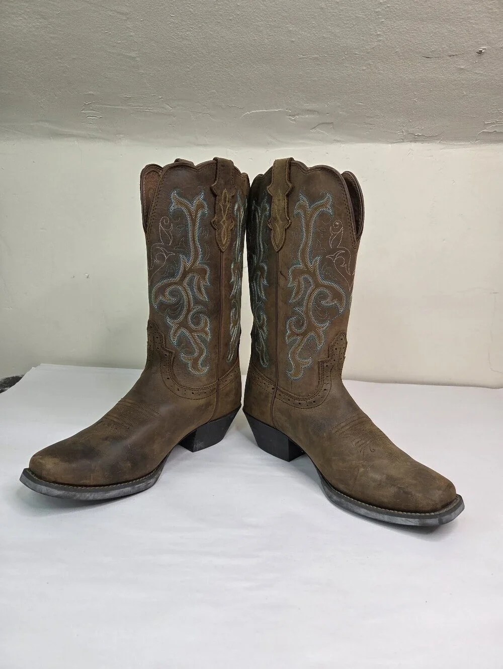 Justin Boots Brown Leather Western Cowboy Boots Embroidered Square Toe  8.5B
